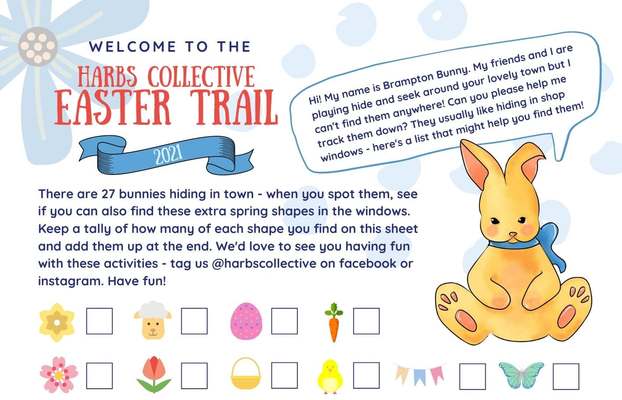 Harbs Collective Easter Trail 2021 activity sheet with Brampton Bunny and spring shapes to tally