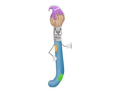 Cartoon paintbrush character with glasses and purple paint dripping from its bristles, pointing to one side
