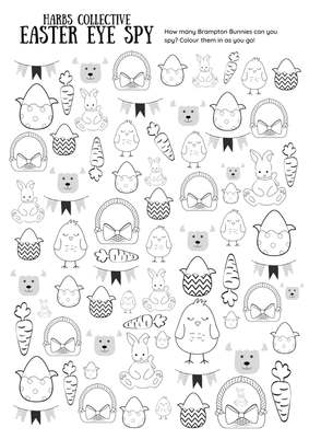 Harbs Collective ‘Easter Eye Spy’ colouring sheet covered in line drawings of bunnies, eggs, chicks, carrots and baskets