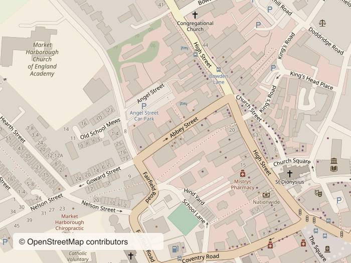 Street map around Abbey St, Market Harborough LE16 9AA, with stop 1 marked. Opens Google Maps.