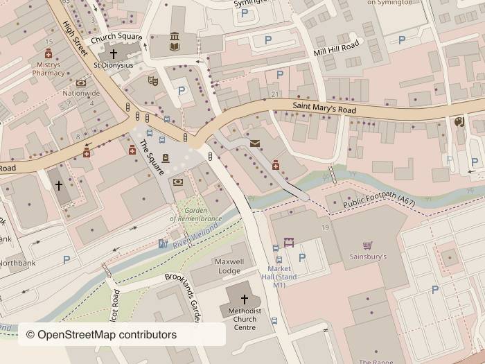 Street map around 11 Northampton Rd, Market Harborough LE16 9HG, with stop 5 and The Paint Pottle at The Village, St Mary’s Road marked. Opens Google Maps.