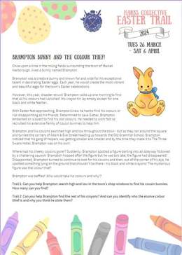 Harbs Collective Easter Trail 2024 sheet: ‘Brampton Bunny and the Colour Thief!’ story with trail questions, 26 March to 6 April