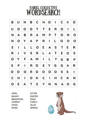 Harbs Collective Easter wordsearch with a cartoon otter and a list of spring words