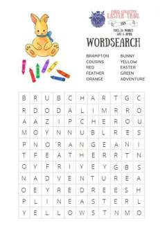 Harbs Collective Easter Trail 2024 wordsearch with a watercolour bunny and crayons